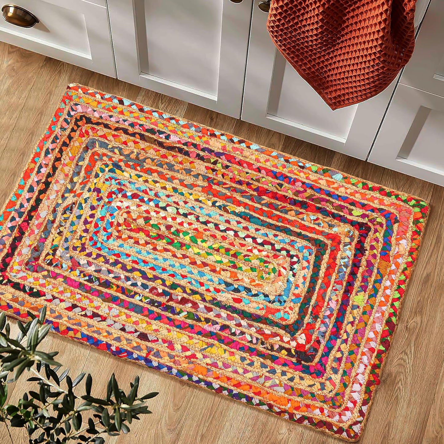 2'x3' Handwoven Jute Chindi Area Rug - Colorful Boho Rugs for Living Room - Hand Braided Multicolor Bohemian Rug for Farmhouse, Bedroom, Dining Room, Classroom, Hallway, Kitchen, Office