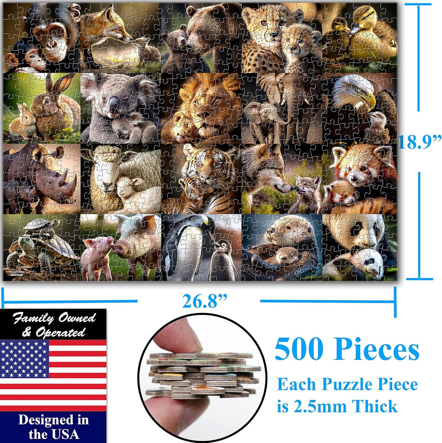 Think2Master Animal Families 500 Pieces Jigsaw Puzzle Featuring heartwarming Parent and Child Pairs. Fun Toy for Kids, School & Families. Great Gift for Kids Ages 13+ Size: 26.8” x 18.9”