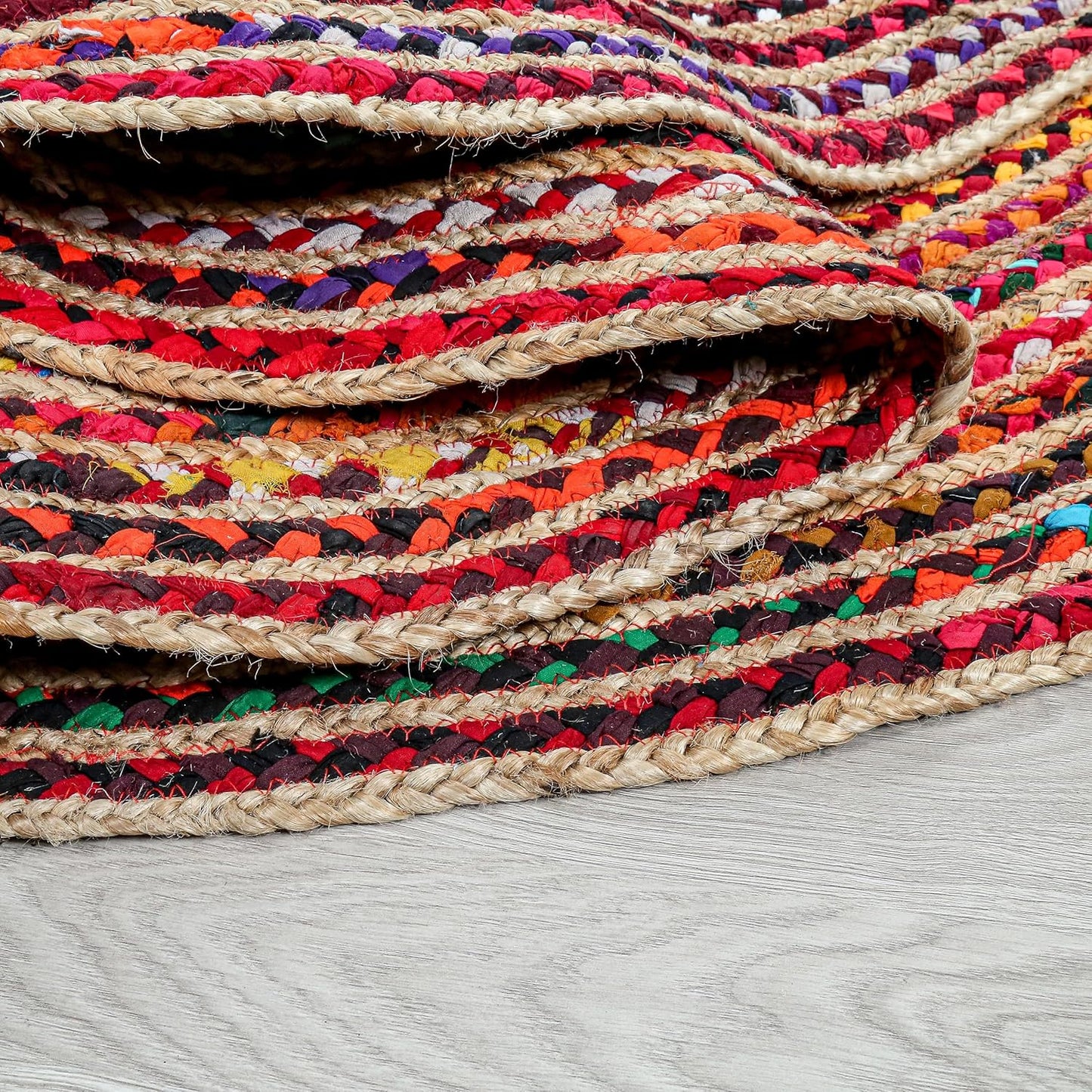 5' Round Handwoven Jute Chindi Area Rug - Colorful Round Boho Rugs for Living Room - Hand Braided Multicolor Bohemian Rug for Farmhouse, Bedroom, Dining Room, Classroom, Hallway, Kitchen
