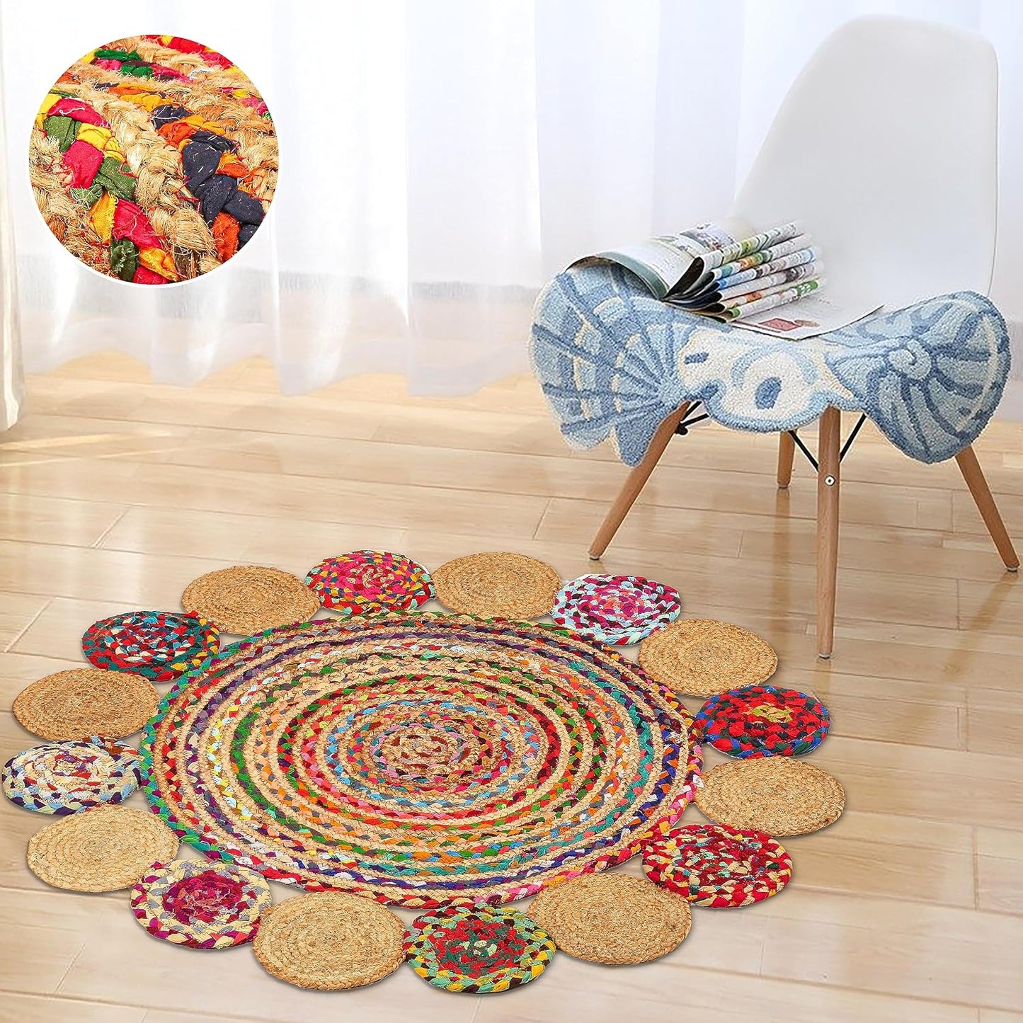 3' Round Handwoven Jute Chindi Area Rug - Colorful Boho Rugs for Living Room - Hand Braided Multicolor Bohemian Rug for Farmhouse, Bedroom, Dining Room, Classroom, Hallway, Kitchen, Office