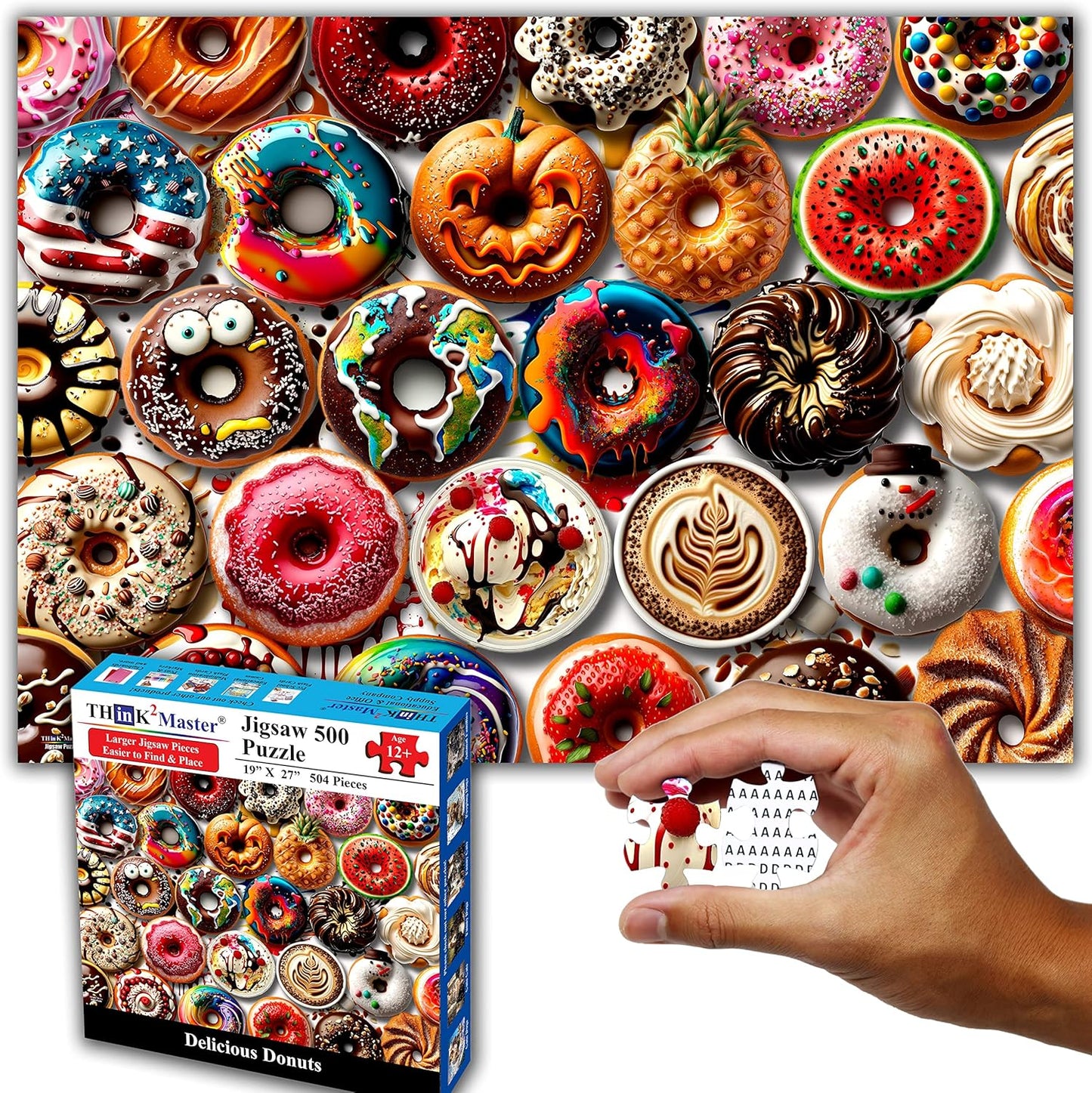 Think2Master Donuts 500 Pieces Jigsaw Puzzle. Perfect White Elephant Gag Gift. Fun for Teens, Seniors & Families. Great Gift for Kids Ages 13+. Size: 26.8” x 18.9”