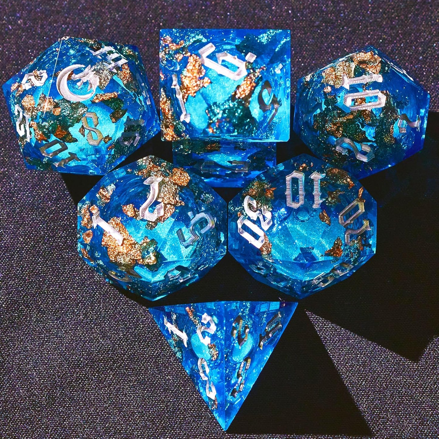 The Moon of Mystery Liquid Core DND Dice Set – Unique Resin Dice for Dungeons & Dragons – Blue Galaxy Moon Dice Set for D&D Gifts