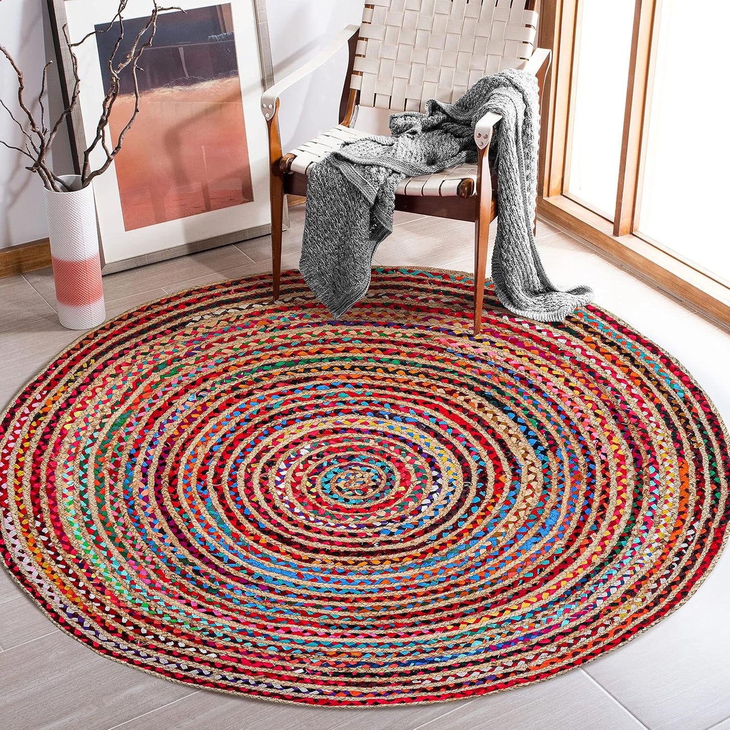 8' Round Handwoven Jute Chindi Area Rug - Colorful Boho Rugs for Living Room - Hand Braided Multicolor Bohemian Rug for Farmhouse, Bedroom, Dining Room, Classroom, Hallway, Kitchen, Office