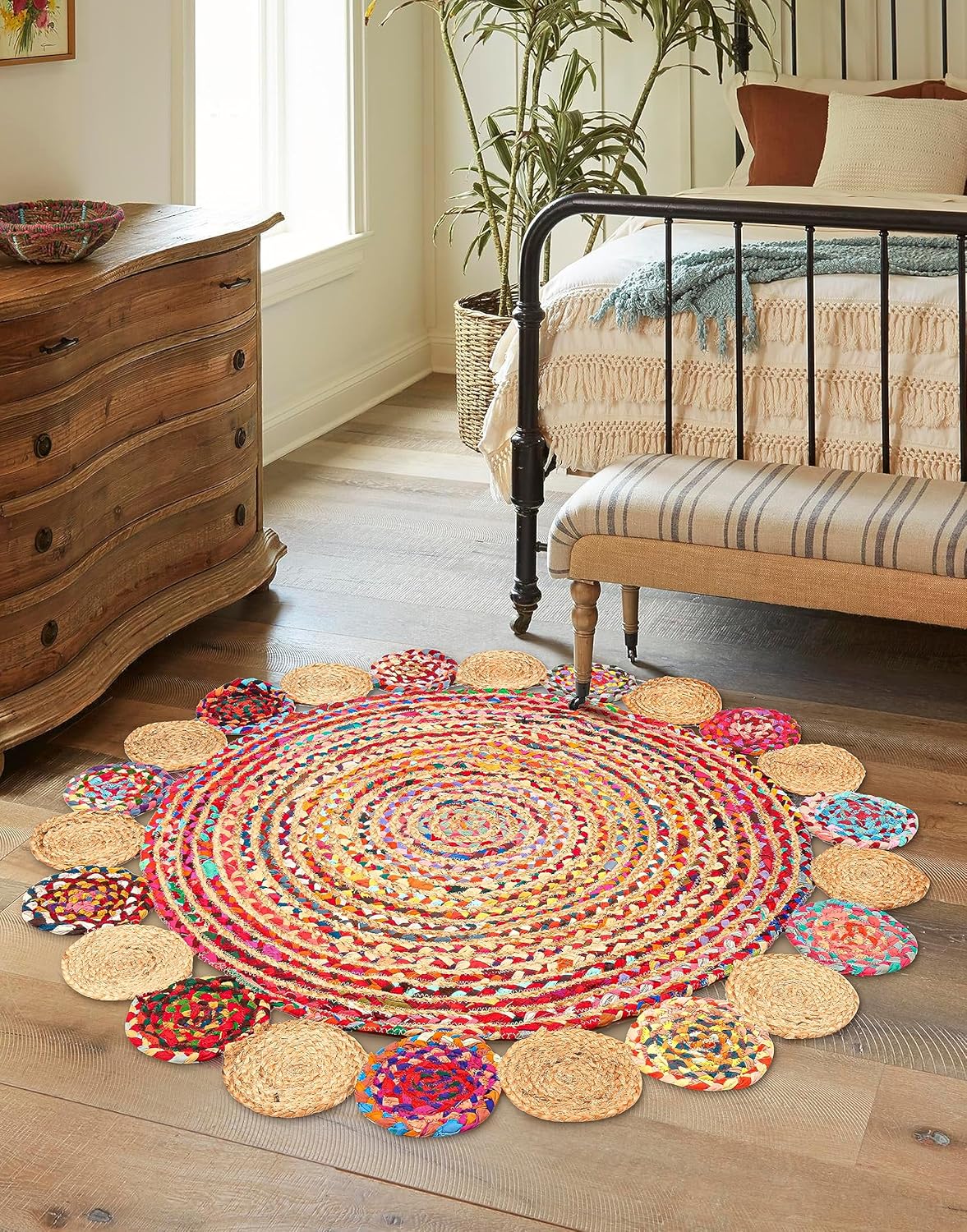 4' Round Handwoven Jute Chindi Area Rug - Colorful Boho Rugs for Living Room - Hand Braided Multicolor Bohemian Rug for Farmhouse, Bedroom, Dining Room, Classroom, Hallway, Kitchen, Office