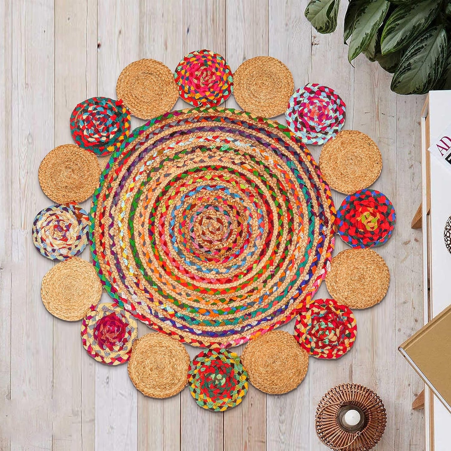 3' Round Handwoven Jute Chindi Area Rug - Colorful Boho Rugs for Living Room - Hand Braided Multicolor Bohemian Rug for Farmhouse, Bedroom, Dining Room, Classroom, Hallway, Kitchen, Office