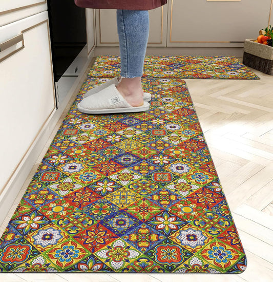Boho Kitchen Rugs Set 2 Memory Foam Colorful Ceramic Comfort Tile Floor Mat Anti Fatigue Non-Skid PVC Runner Rug Water & Oil Proof Carpet for Kitchen Laundry Sink,17.3x28+17.3x47 Inch, C4