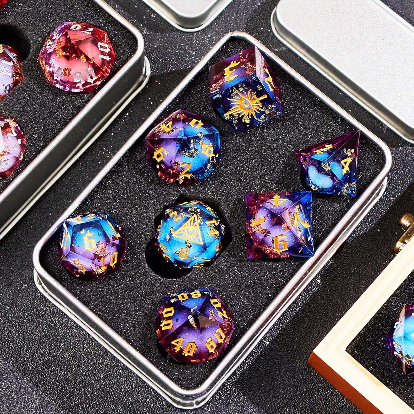 The Eye of Mystery Liquid Core DND Dice Set – Unique Resin Dice Set for Dungeons & Dragons – Red Blue Galaxy Dice Set for D&D Gifts