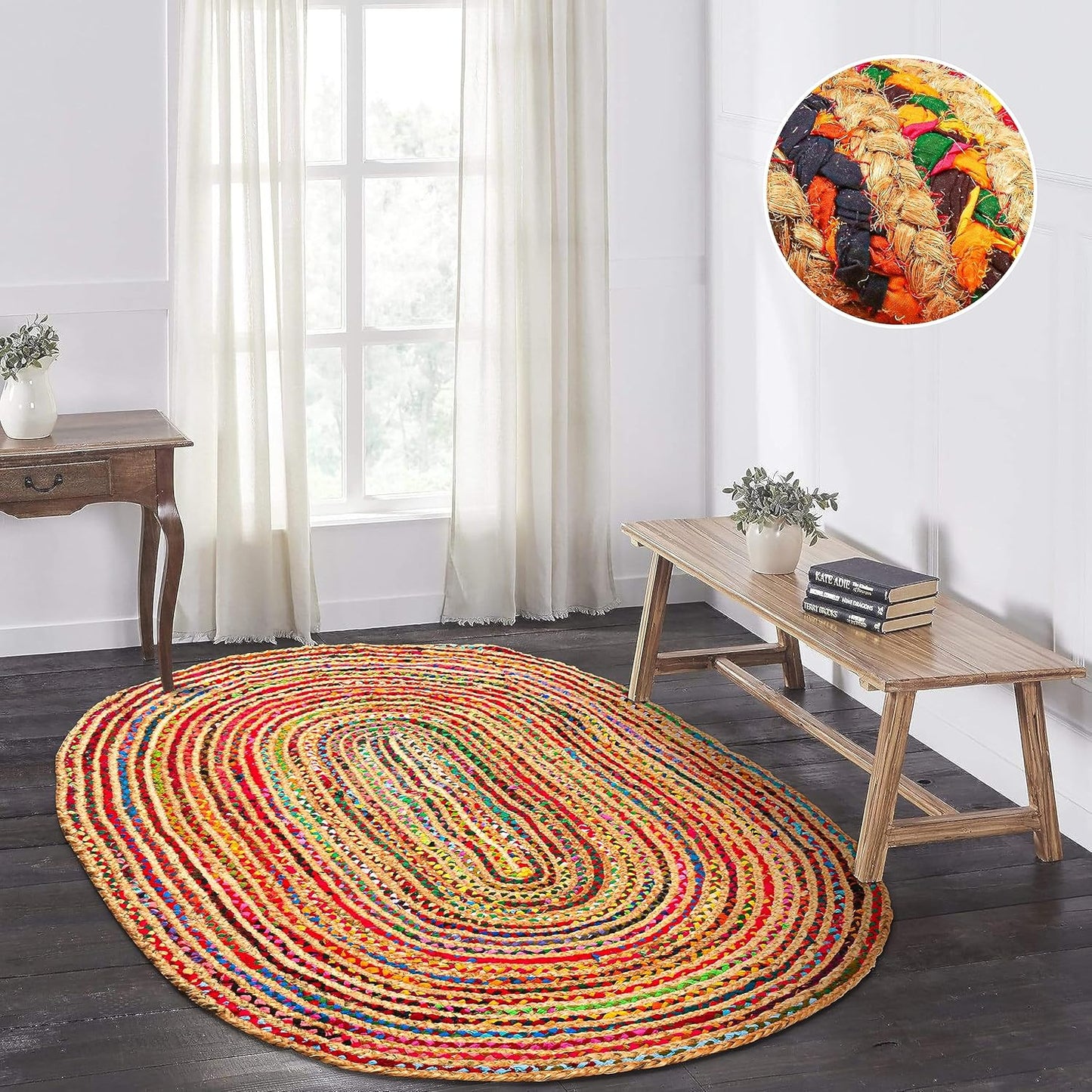 8'x10' Handwoven Jute Chindi Area Rug - Colorful Boho Rugs for Living Room - Hand Braided Multicolor Bohemian Rug for Farmhouse, Bedroom, Dining Room, Classroom, Hallway, Kitchen, Office