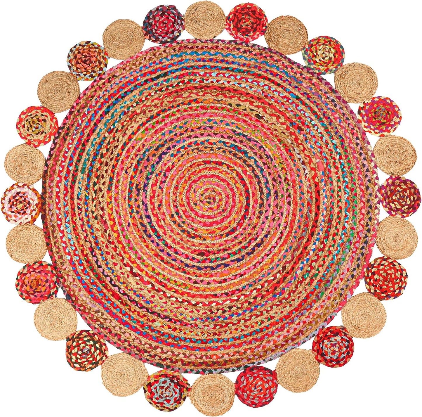 5' Round Handwoven Jute Chindi Area Rug - Colorful Boho Rugs for Living Room - Hand Braided Multicolor Bohemian Rug for Farmhouse, Bedroom, Dining Room, Classroom, Hallway, Kitchen, Office