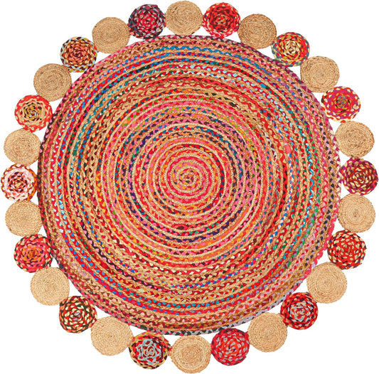 5' Round Handwoven Jute Chindi Area Rug - Colorful Boho Rugs for Living Room - Hand Braided Multicolor Bohemian Rug for Farmhouse, Bedroom, Dining Room, Classroom, Hallway, Kitchen, Office