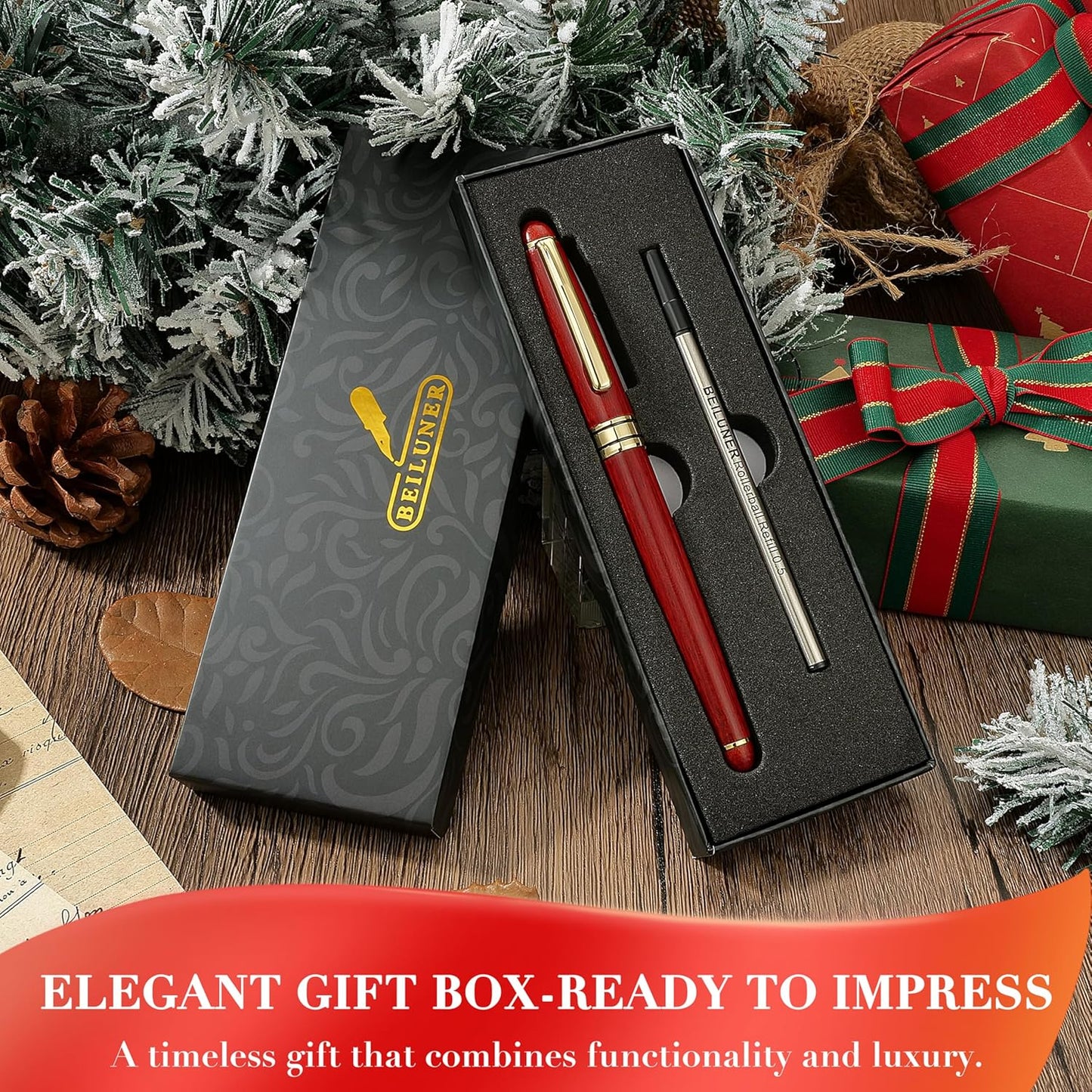 BEILUNER Luxury Personalized Wood Ballpoint Pen Writing Set,Rosewood-Elegant Fancy Nice Gift Pen Set for Signature Executive Business Office Supplies - Christmas Gift Boxed with Extra Refills (Black)