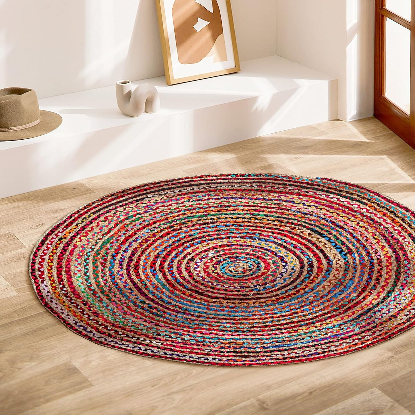 5' Round Handwoven Jute Chindi Area Rug - Colorful Round Boho Rugs for Living Room - Hand Braided Multicolor Bohemian Rug for Farmhouse, Bedroom, Dining Room, Classroom, Hallway, Kitchen